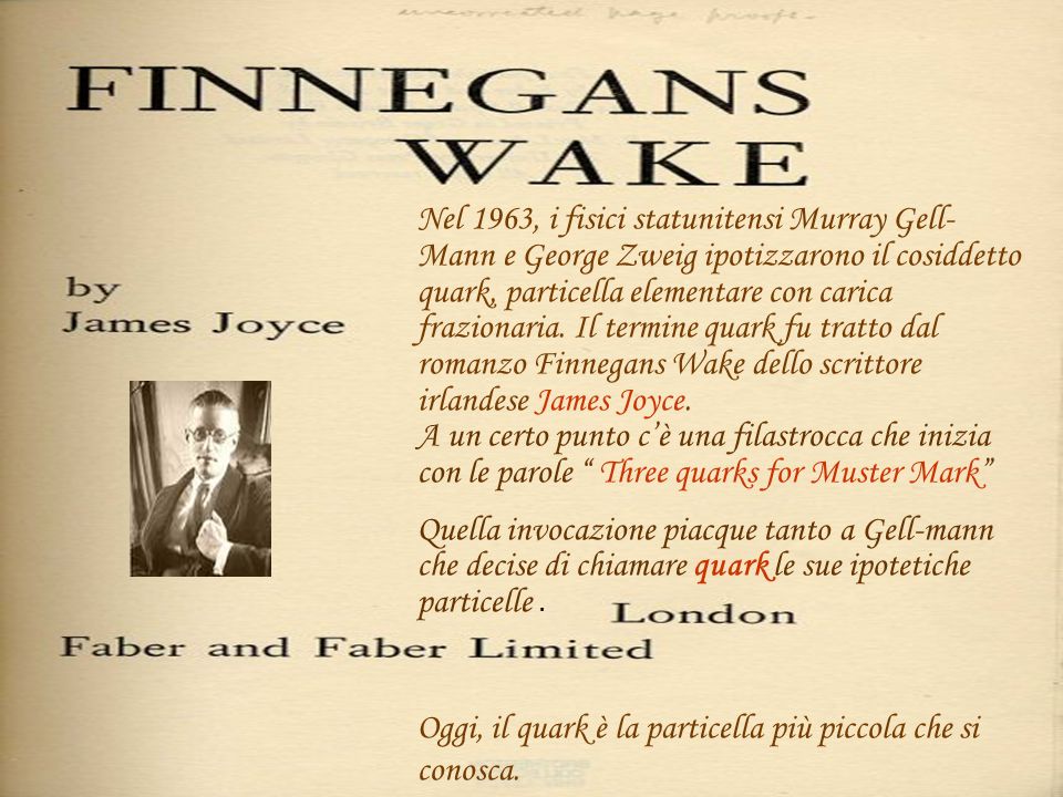 Nel 1963, i fisici statunitensi Murray Gell-Mann e George Zweig ipotizzarono il cosiddetto quark, particella elementare con carica frazionaria. Il termine quark fu tratto dal romanzo Finnegans Wake dello scrittore irlandese James Joyce. A un certo punto c’è una filastrocca che inizia con le parole Three quarks for Muster Mark