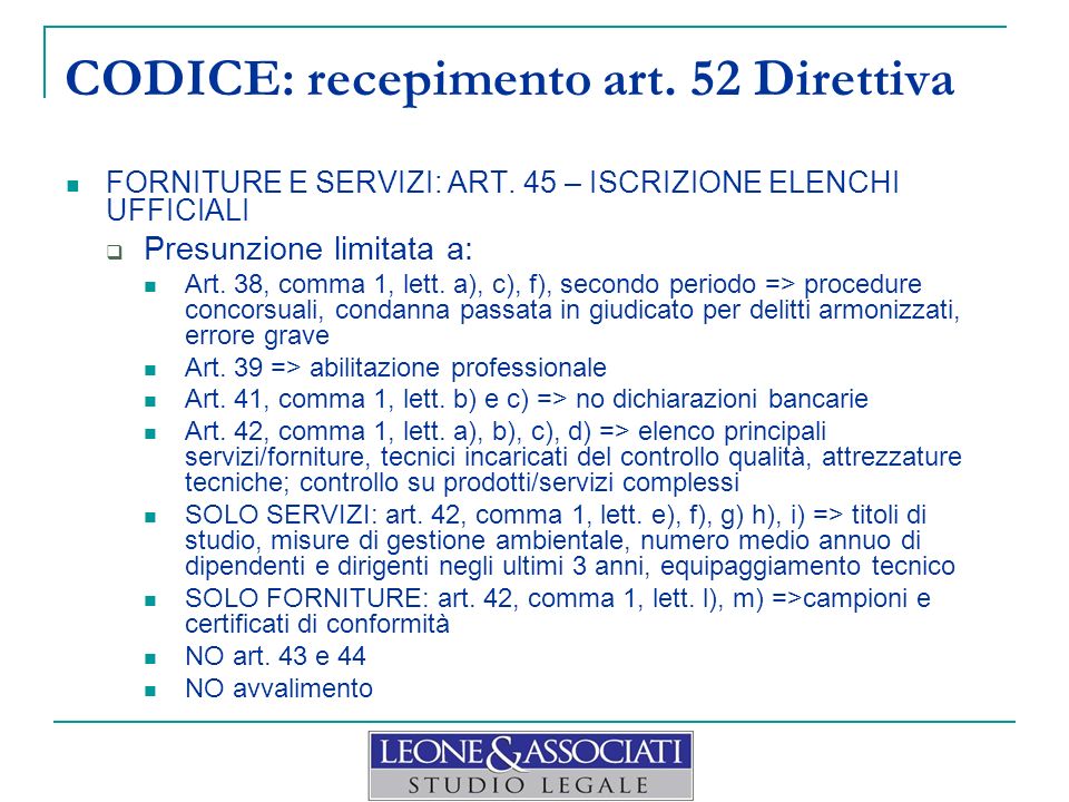 CODICE: recepimento art. 52 Direttiva