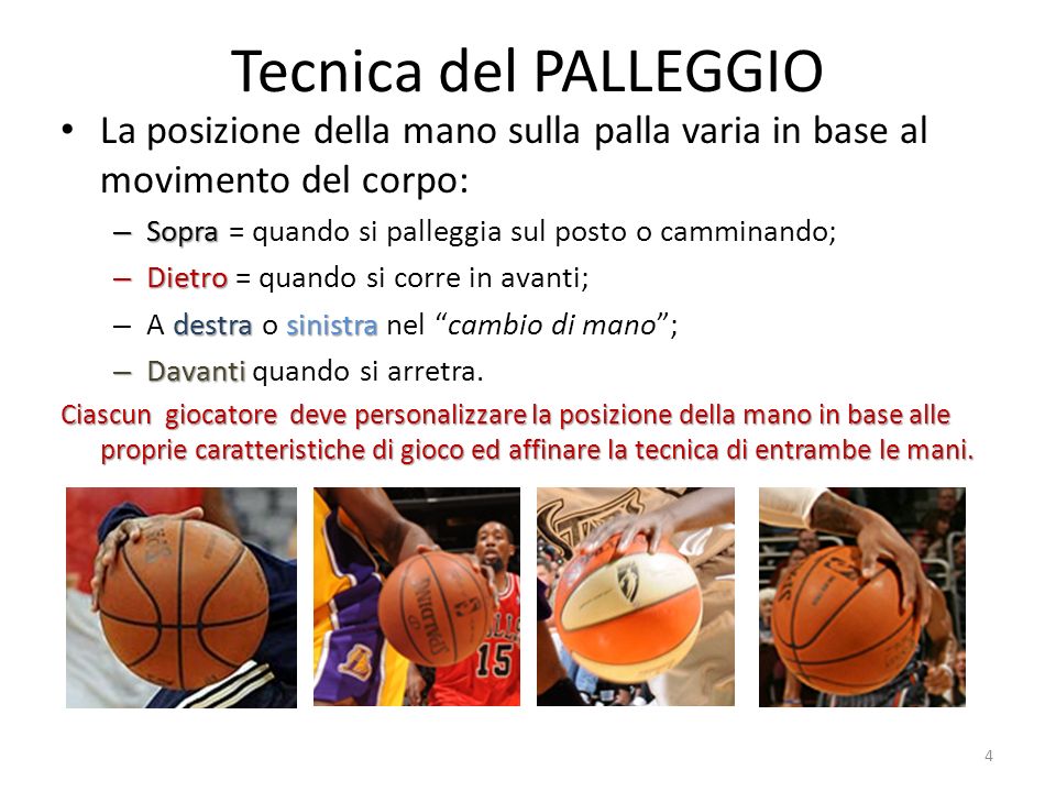 Tecnica del PALLEGGIO La posizione della mano sulla palla varia in base al movimento del corpo: Sopra = quando si palleggia sul posto o camminando;