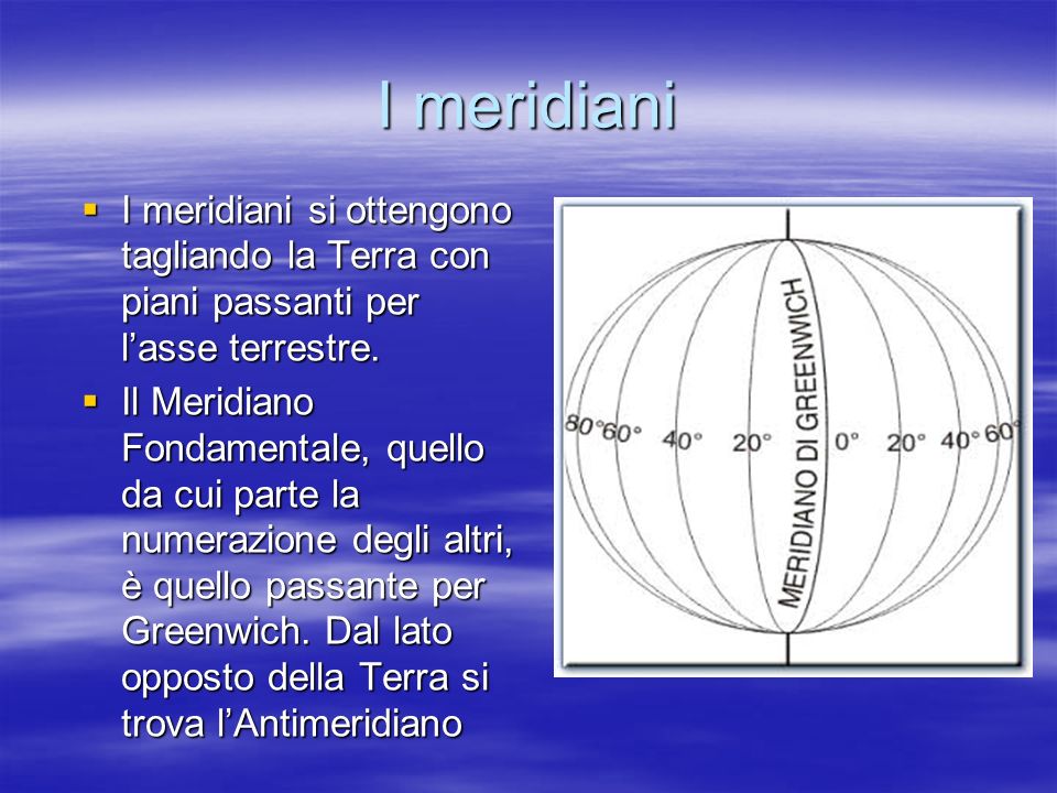 I meridiani I meridiani si ottengono tagliando la Terra con piani passanti per l’asse terrestre.