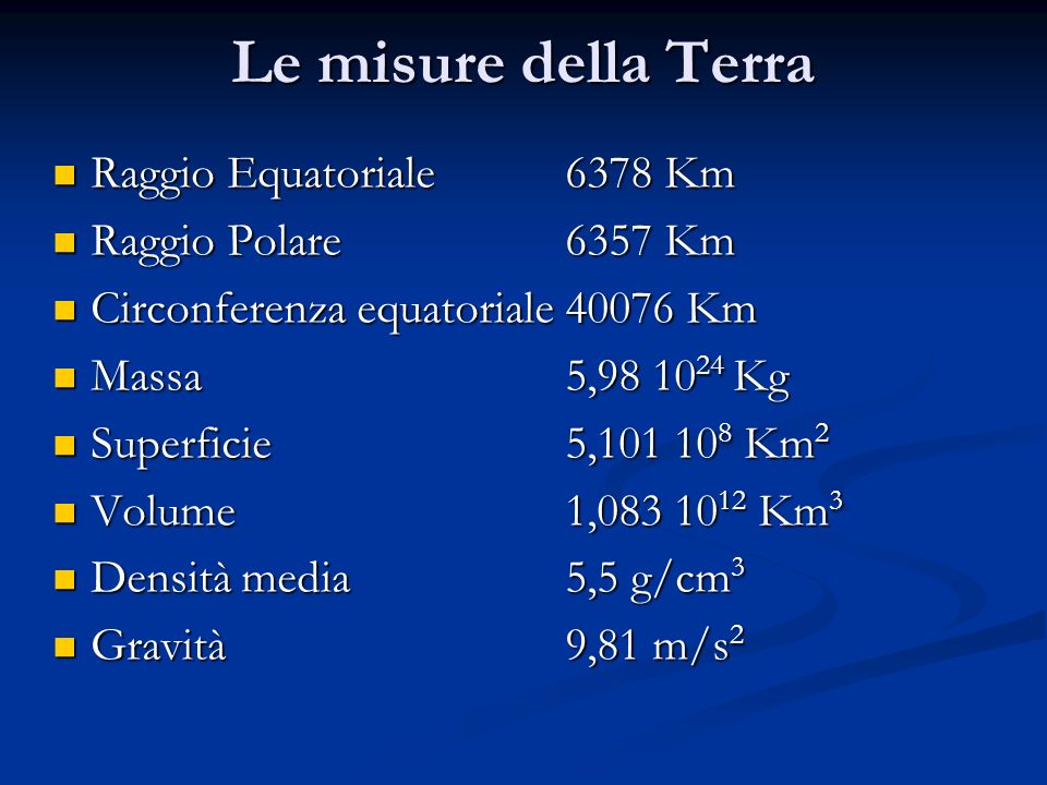Le misure della Terra Raggio Equatoriale 6378 Km Raggio Polare 6357 Km