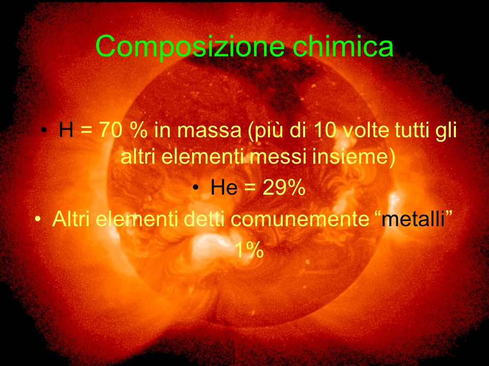 Composizione chimica H = 70 % in massa (più di 10 volte tutti gli altri elementi messi insieme) He = 29%