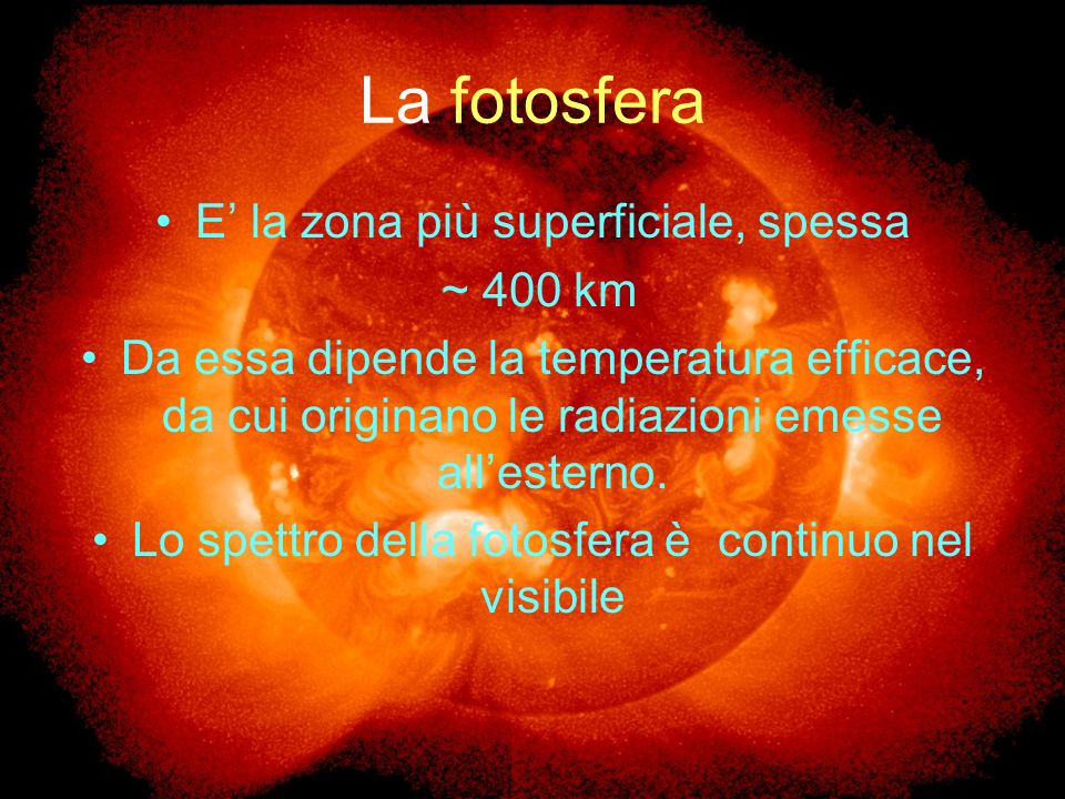 La fotosfera E’ la zona più superficiale, spessa ~ 400 km