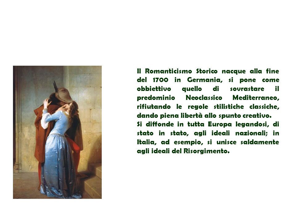Il Romanticismo Storico nacque alla fine del 1700 in Germania, si pone come obbiettivo quello di sovrastare il predominio Neoclassico Mediterraneo, rifiutando le regole stilistiche classiche, dando piena libertà allo spunto creativo.