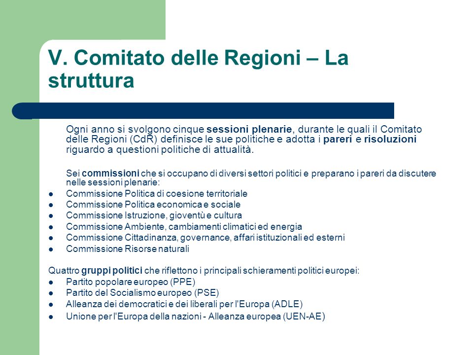 V. Comitato delle Regioni – La struttura