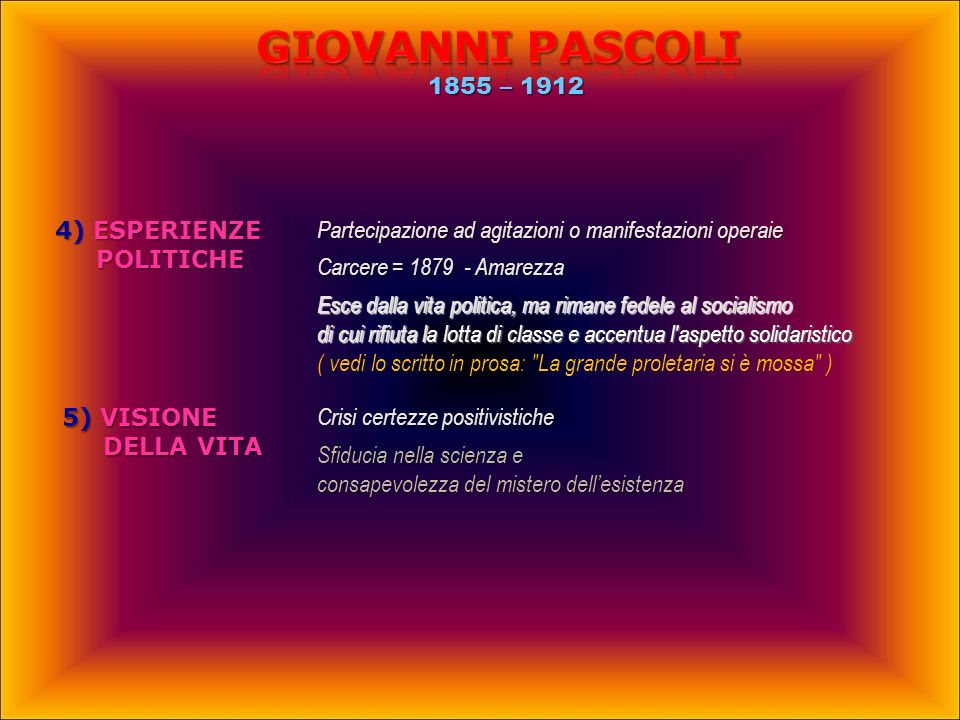 Giovanni PASCOLI 1855 – ) ESPERIENZE POLITICHE