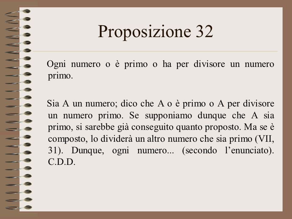 Proposizione 32 Ogni numero o è primo o ha per divisore un numero primo.