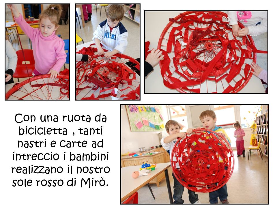 Con una ruota da bicicletta , tanti nastri e carte ad intreccio i bambini realizzano il nostro sole rosso di Mirò.