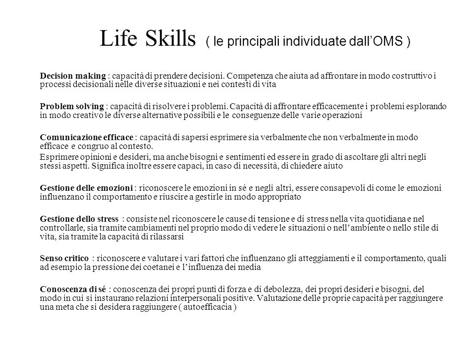 Life Skills ( le principali individuate dall’OMS )