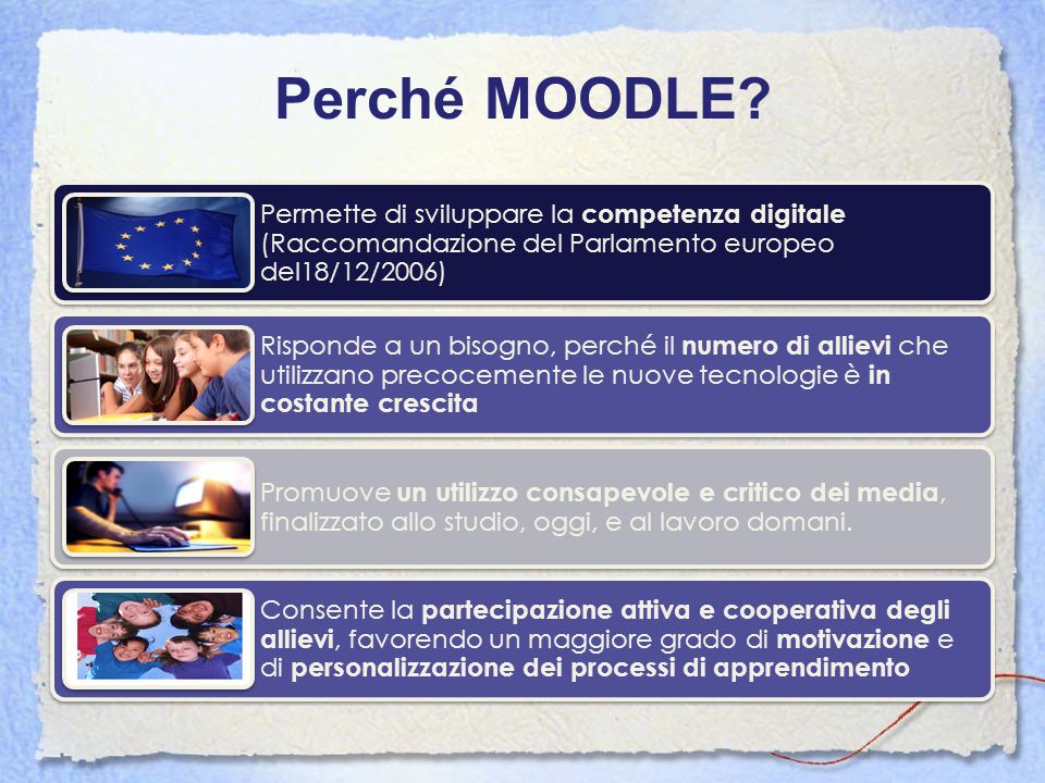 Perché MOODLE Permette di sviluppare la competenza digitale (Raccomandazione del Parlamento europeo del18/12/2006)