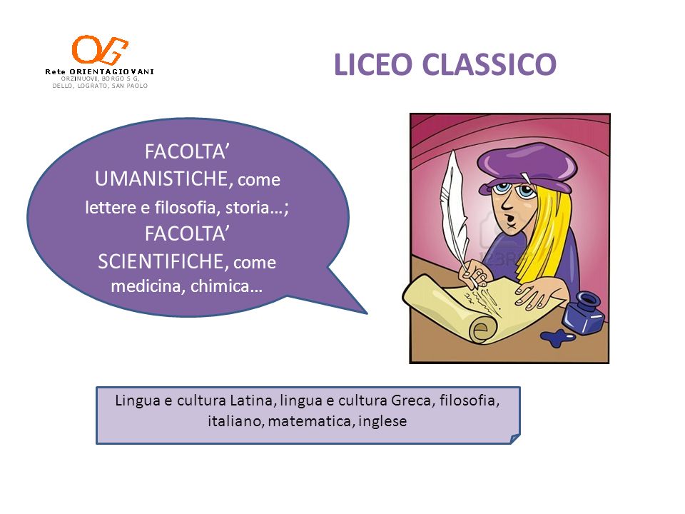 LICEO CLASSICO FACOLTA’ UMANISTICHE, come lettere e filosofia, storia…; FACOLTA’ SCIENTIFICHE, come medicina, chimica…