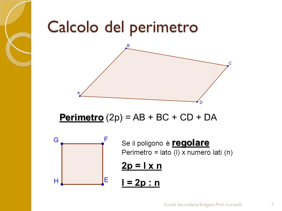 Calcolo del perimetro Perimetro (2p) = AB + BC + CD + DA 2p = l x n