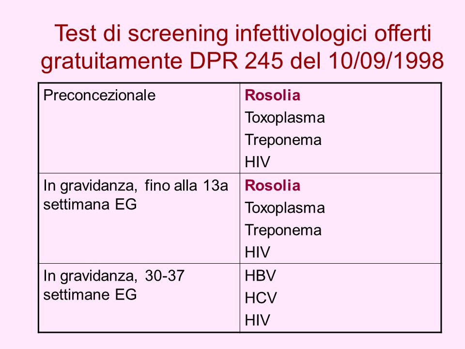 Test di screening infettivologici offerti gratuitamente DPR 245 del 10/09/1998
