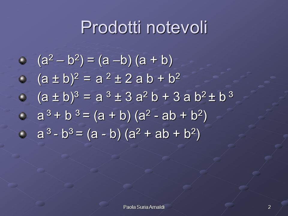 Prodotti notevoli (a2 – b2) = (a –b) (a + b)
