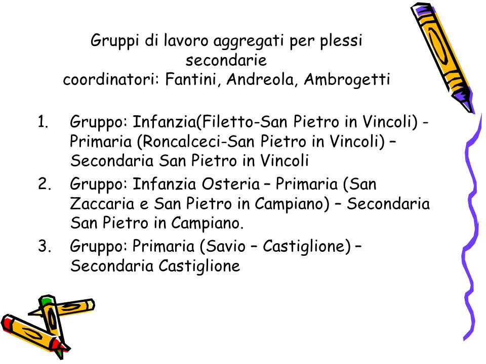 Gruppi di lavoro aggregati per plessi secondarie coordinatori: Fantini, Andreola, Ambrogetti