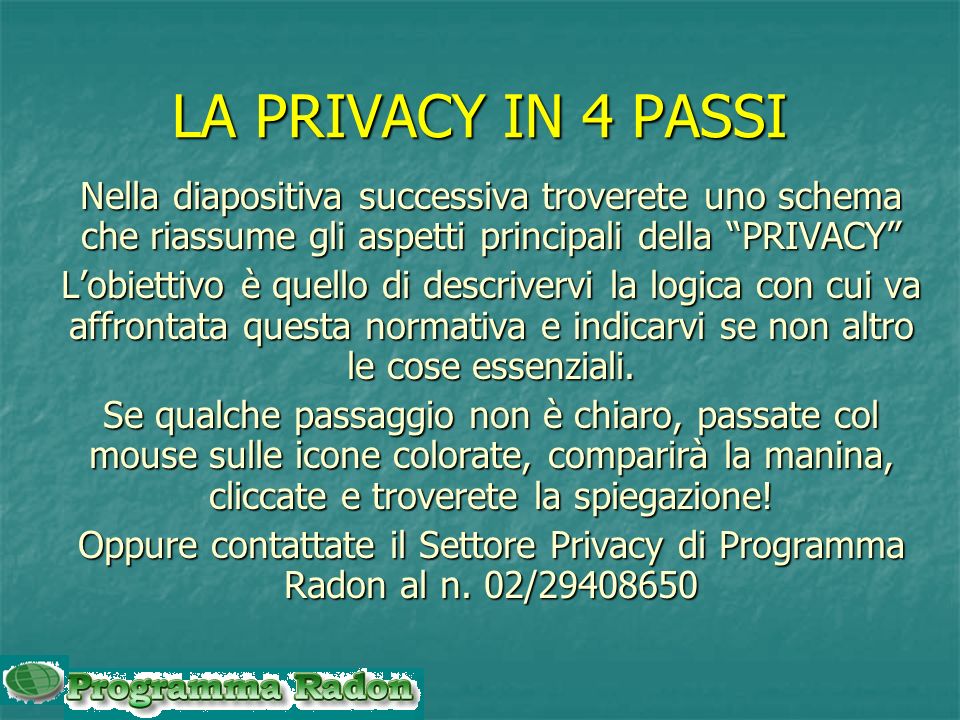 LA PRIVACY IN 4 PASSI Nella diapositiva successiva troverete uno schema che riassume gli aspetti principali della PRIVACY