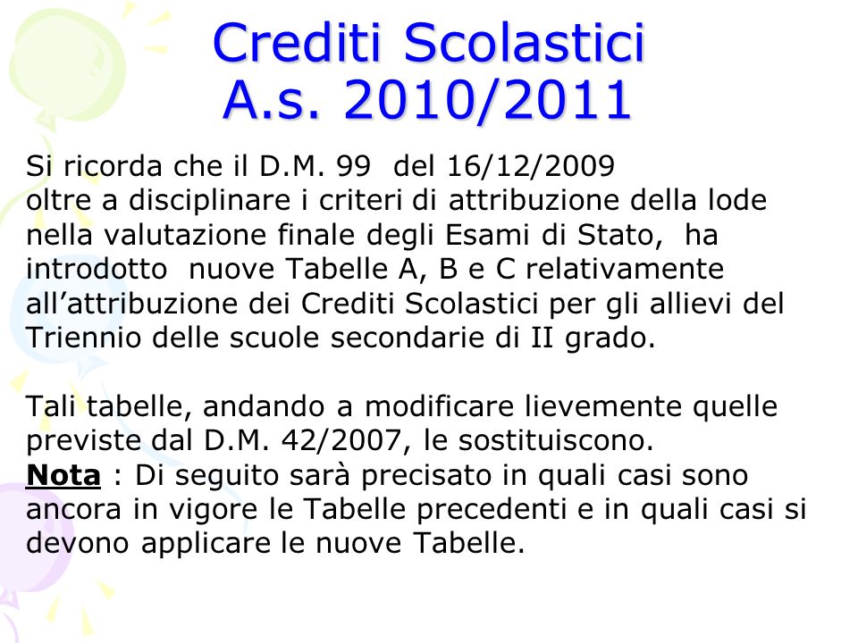 Crediti Scolastici A.s. 2010/2011