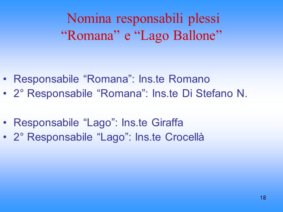 Nomina responsabili plessi Romana e Lago Ballone