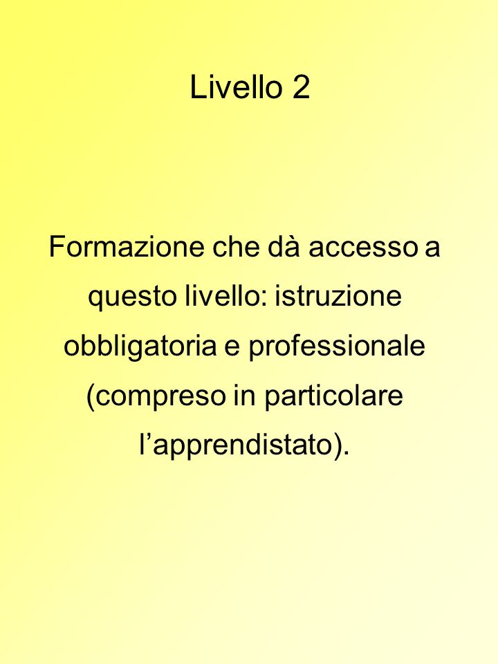 Livello 2 Formazione che dà accesso a questo livello: istruzione obbligatoria e professionale (compreso in particolare l’apprendistato).