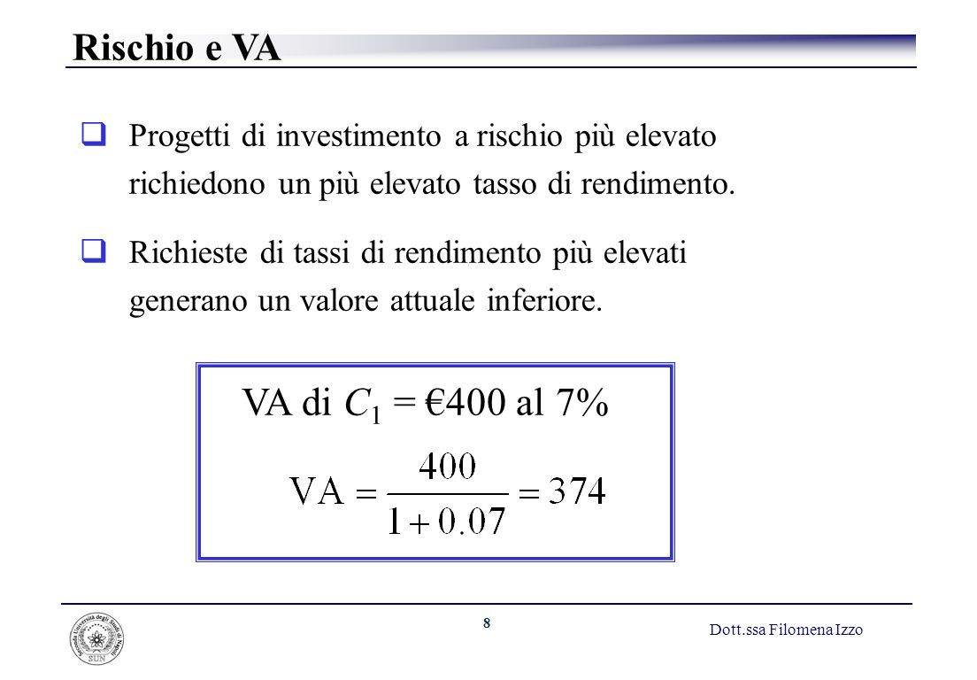 VA di C1 = €400 al 7% Rischio e VA