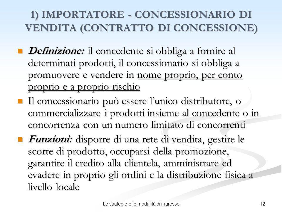 1) IMPORTATORE - CONCESSIONARIO DI VENDITA (CONTRATTO DI CONCESSIONE)