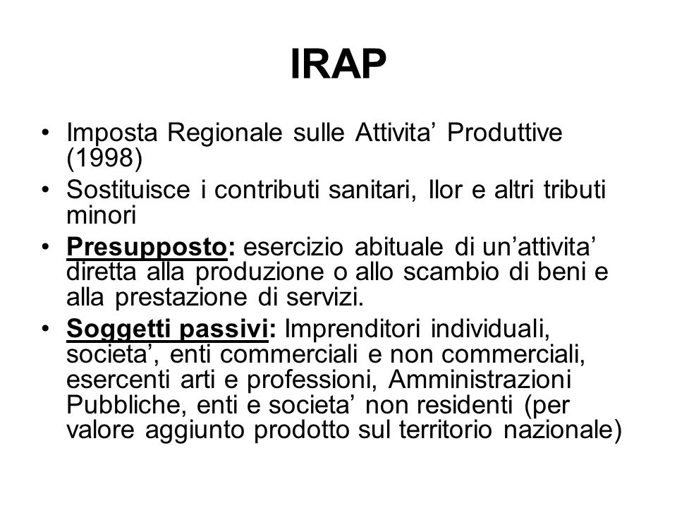 IRAP Imposta Regionale sulle Attivita’ Produttive (1998)