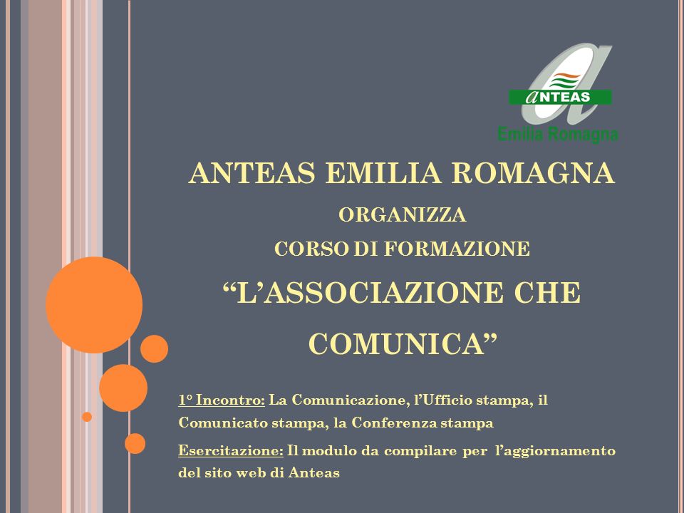 ANTEAS EMILIA ROMAGNA organizza CORSO DI FORMAZIONE L’ASSOCIAZIONE CHE COMUNICA