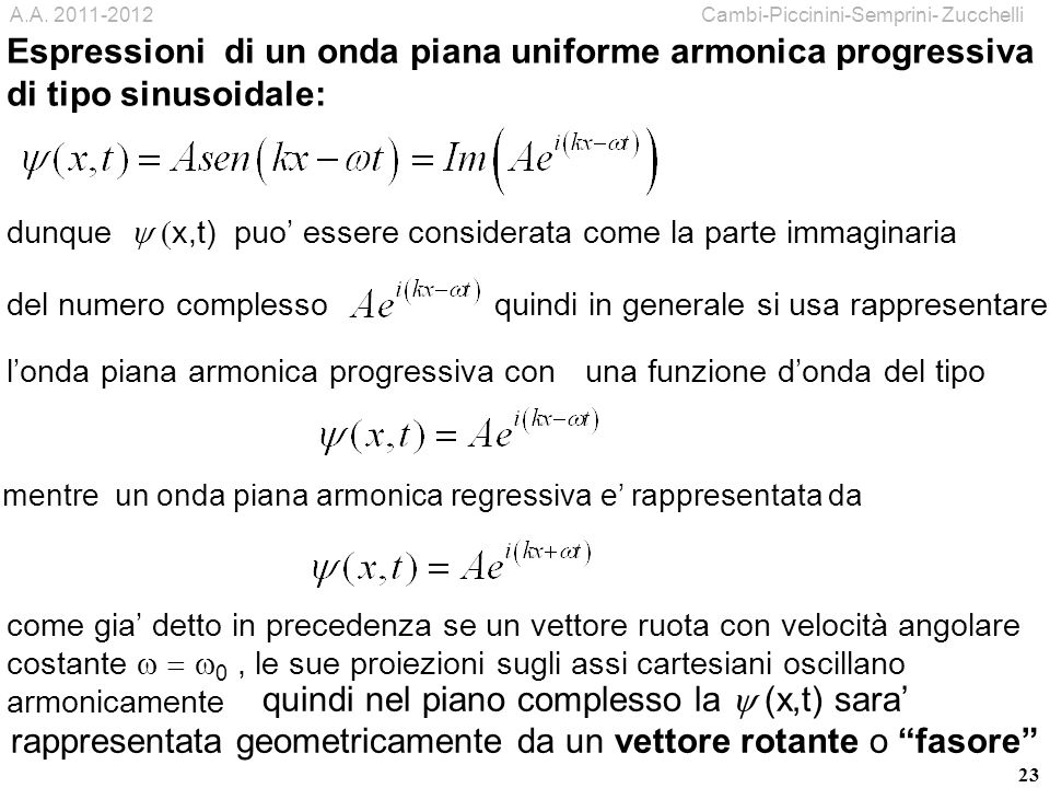 A.A Cambi-Piccinini-Semprini- Zucchelli. Espressioni di un onda piana uniforme armonica progressiva di tipo sinusoidale: