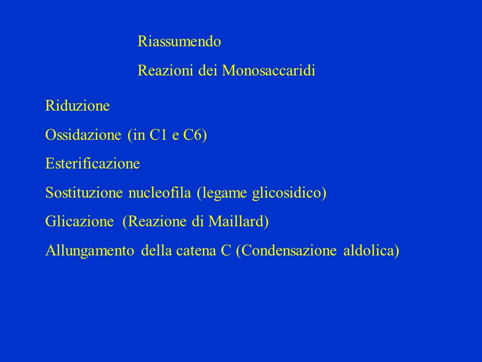 Riassumendo Reazioni dei Monosaccaridi. Riduzione. Ossidazione (in C1 e C6) Esterificazione. Sostituzione nucleofila (legame glicosidico)