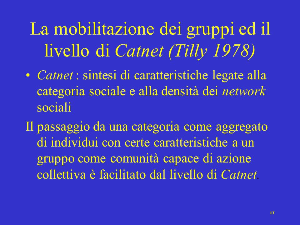 La mobilitazione dei gruppi ed il livello di Catnet (Tilly 1978)
