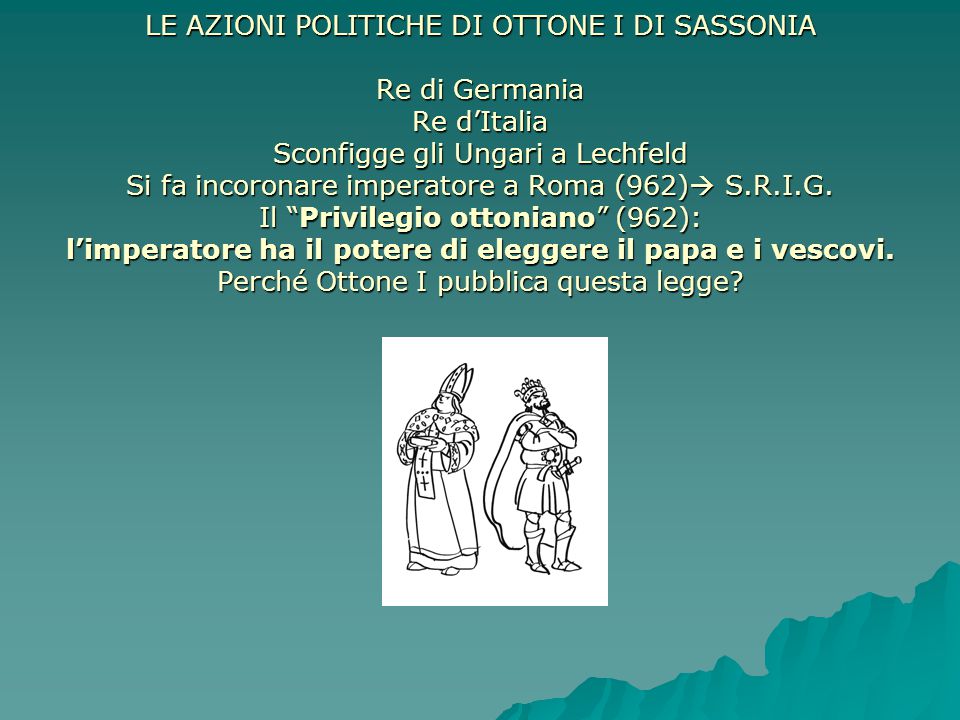 LE AZIONI POLITICHE DI OTTONE I DI SASSONIA Re di Germania Re d’Italia Sconfigge gli Ungari a Lechfeld Si fa incoronare imperatore a Roma (962) S.R.I.G.