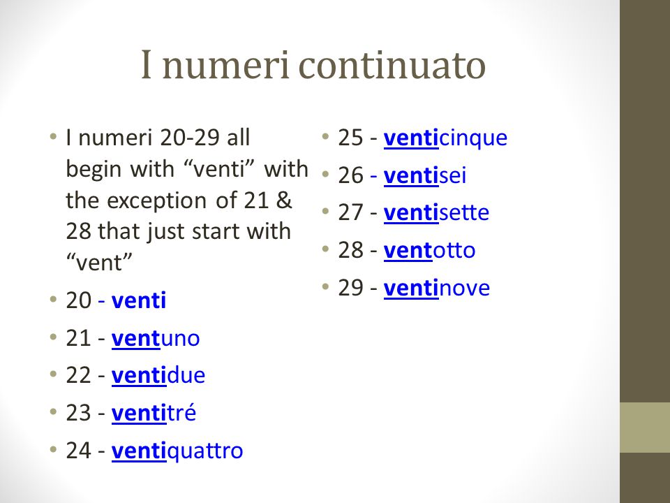I numeri continuato I numeri all begin with venti with the exception of 21 & 28 that just start with vent