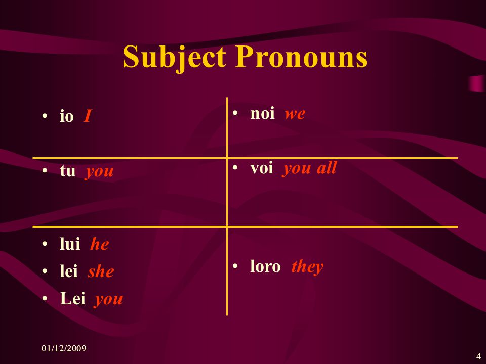 Subject Pronouns noi we io I voi you all tu you lui he loro they