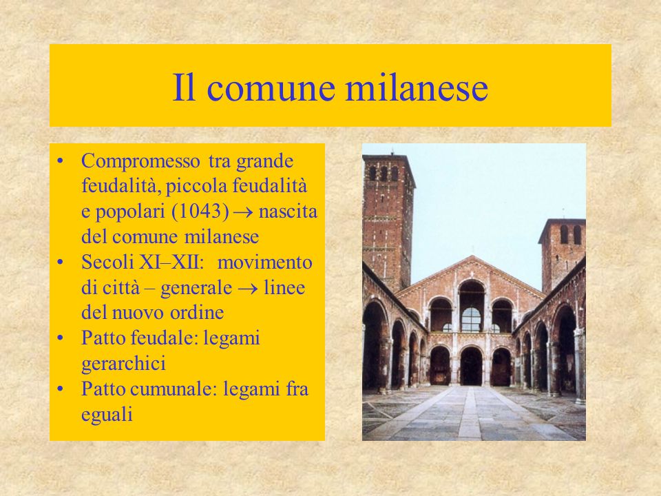Il comune milanese Compromesso tra grande feudalità, piccola feudalità e popolari (1043)  nascita del comune milanese.