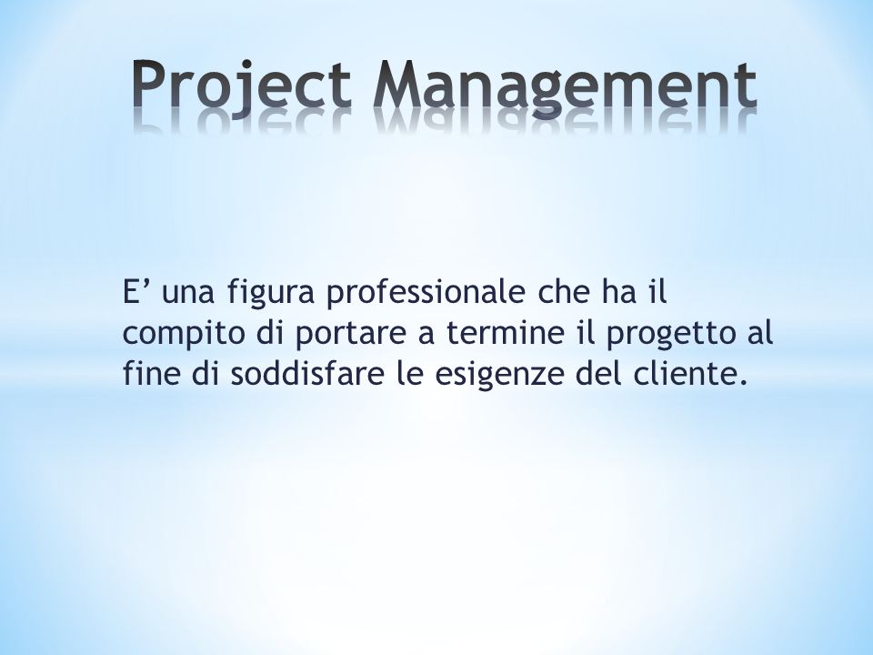 Project Management E’ una figura professionale che ha il compito di portare a termine il progetto al fine di soddisfare le esigenze del cliente.