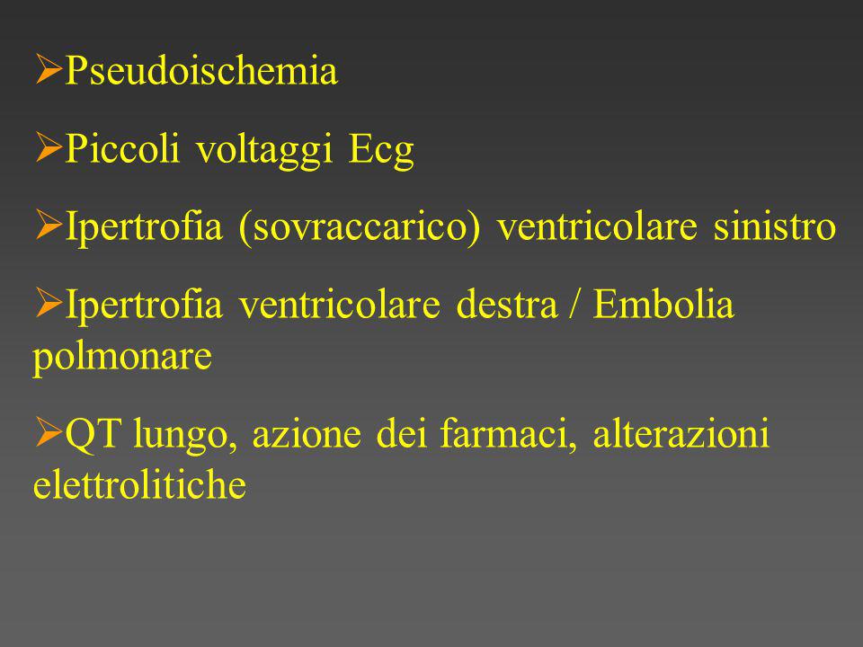 Pseudoischemia Piccoli voltaggi Ecg. Ipertrofia (sovraccarico) ventricolare sinistro. Ipertrofia ventricolare destra / Embolia polmonare.