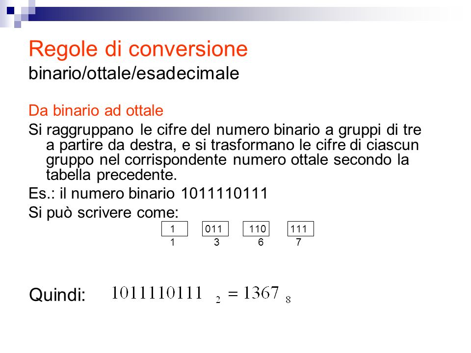 Regole di conversione binario/ottale/esadecimale