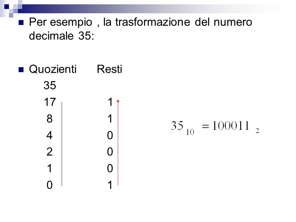 Per esempio , la trasformazione del numero decimale 35: