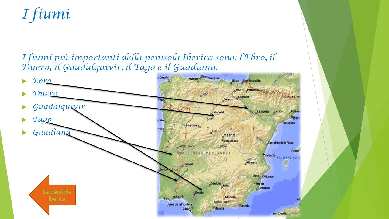 I fiumi I fiumi più importanti della penisola Iberica sono: l’Ebro, il Duero, il Guadalquivir, il Tago e il Guadiana.