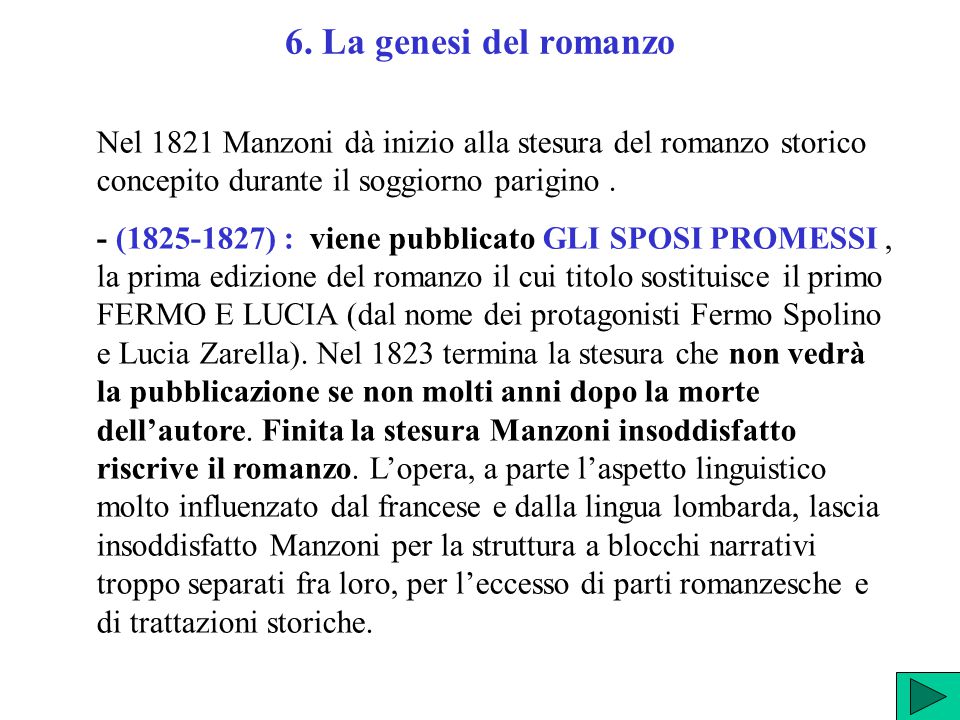 6. La genesi del romanzo Nel 1821 Manzoni dà inizio alla stesura del romanzo storico concepito durante il soggiorno parigino .