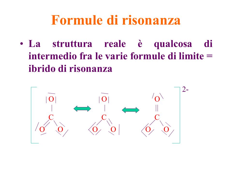Formule di risonanza La struttura reale è qualcosa di intermedio fra le varie formule di limite = ibrido di risonanza.