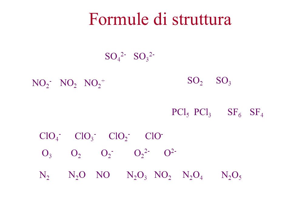 Formule di struttura SO42- SO32- SO2 SO3 NO2- NO2 NO2+ PCl5 PCl3 SF6