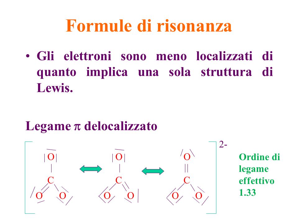 Formule di risonanza Gli elettroni sono meno localizzati di quanto implica una sola struttura di Lewis.