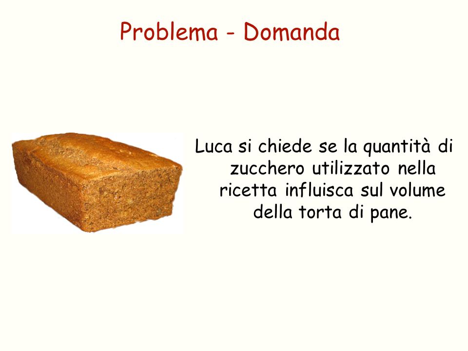 Problema - Domanda Luca si chiede se la quantità di zucchero utilizzato nella ricetta influisca sul volume della torta di pane.
