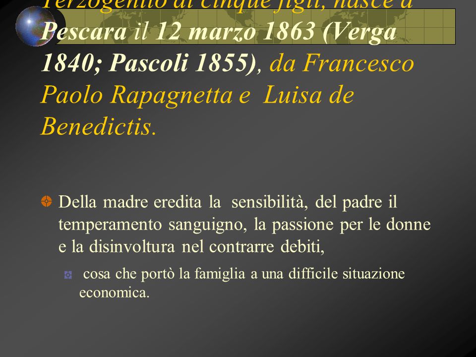 Terzogenito di cinque figli, nasce a Pescara il 12 marzo 1863 (Verga 1840; Pascoli 1855), da Francesco Paolo Rapagnetta e Luisa de Benedictis.