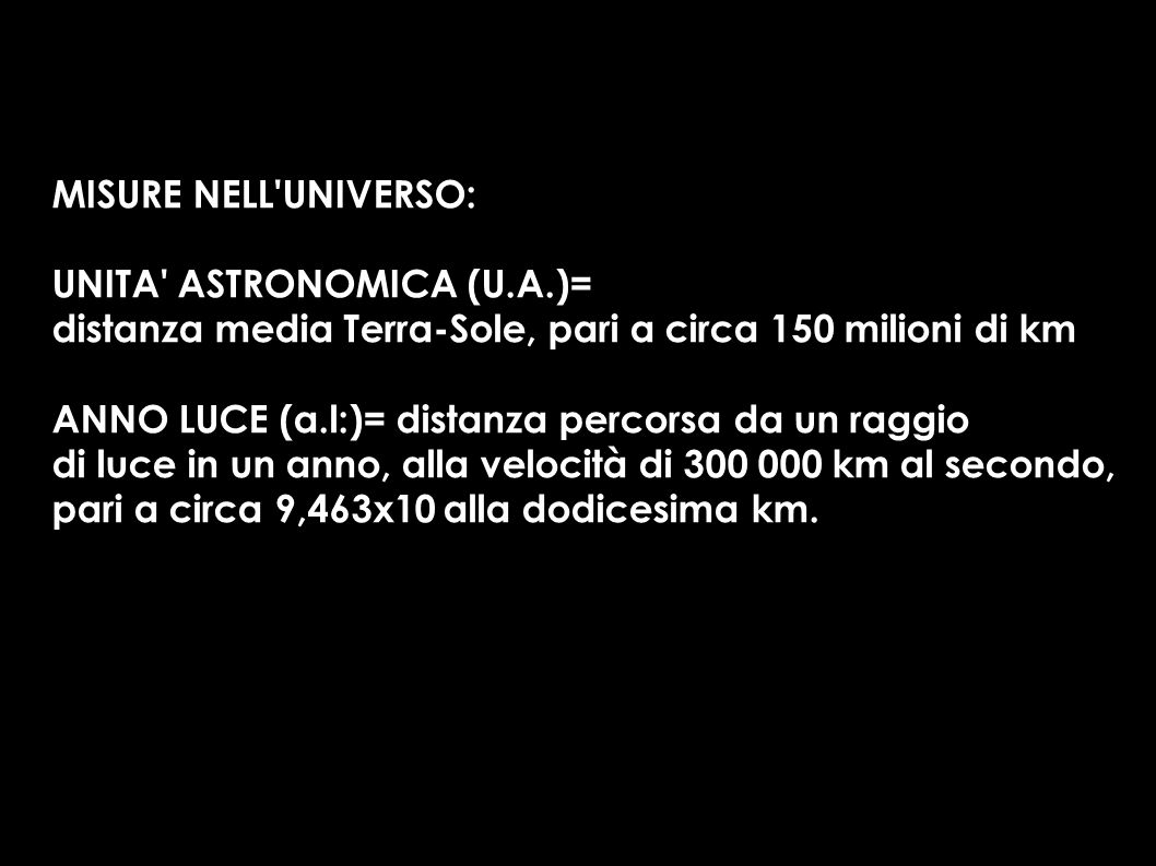 MISURE NELL UNIVERSO: UNITA ASTRONOMICA (U.A.)= distanza media Terra-Sole, pari a circa 150 milioni di km.