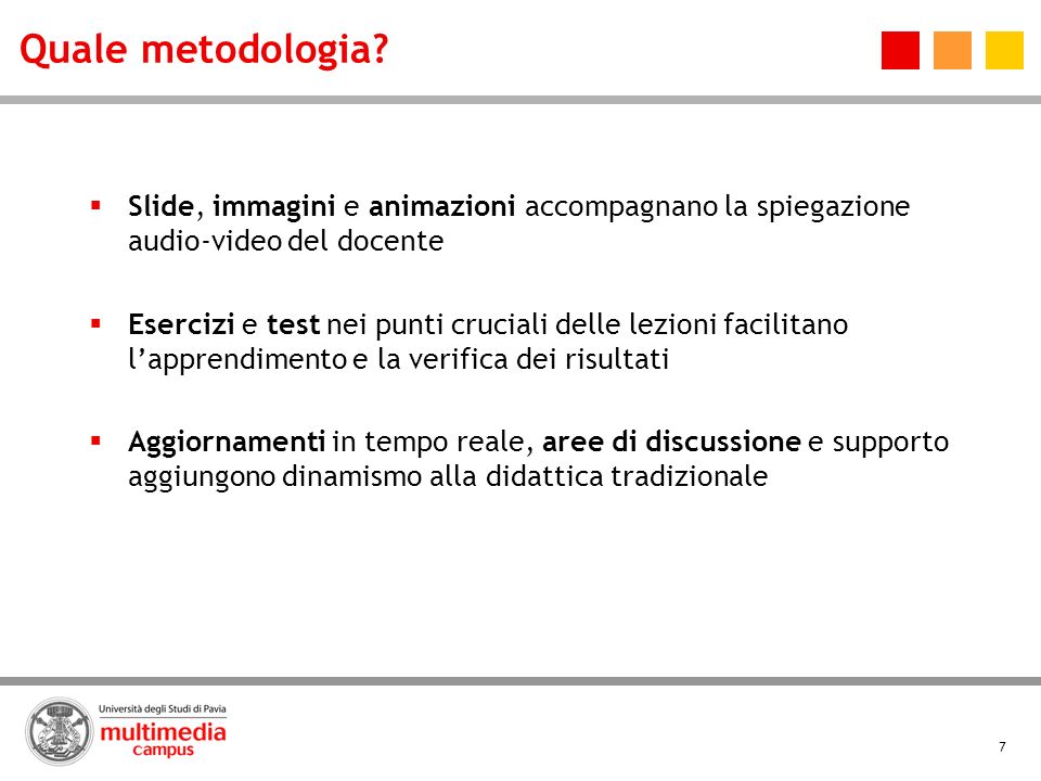 Quale metodologia Slide, immagini e animazioni accompagnano la spiegazione audio-video del docente.