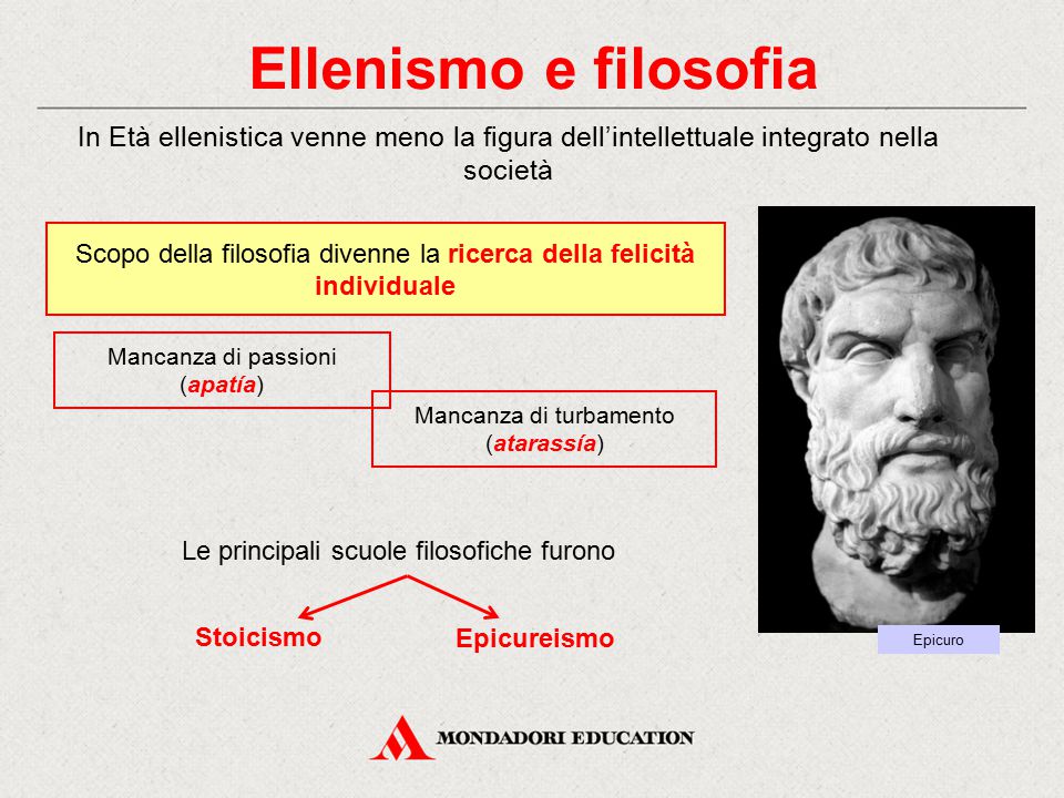 Ellenismo e filosofia In Età ellenistica venne meno la figura dell’intellettuale integrato nella società.