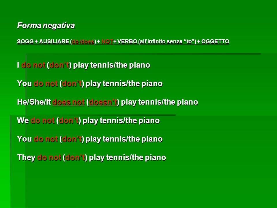 I do not (don’t) play tennis/the piano