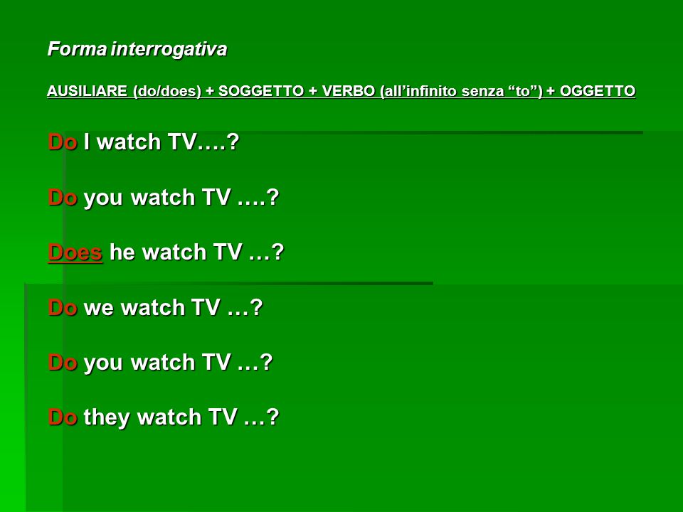 Do I watch TV…. Do you watch TV …. Does he watch TV …